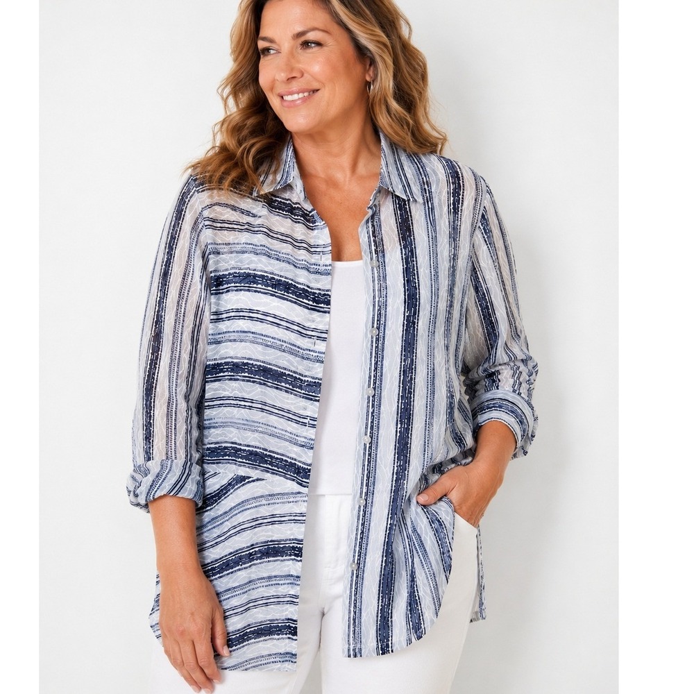 Chico's Travelers Collection Semi Sheer Mesh Striped Tunic Shirt Side Slits (L)